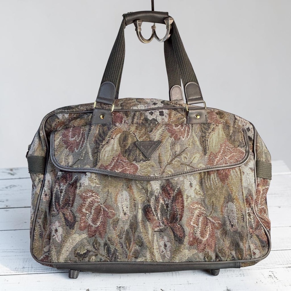Vintage French West Indies Floral Tapestry Travel Bag Weekender Carry On‎ Brown